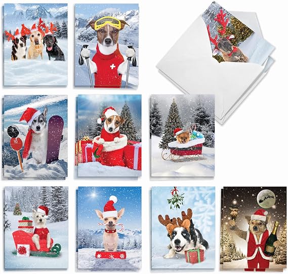 The Best Card Company - 20 Adorable Christmas Note Cards (4 x 5.12 Inch) - Bulk Puppy Dog Greetings, Assorted (10 Designs, 2 Each) - Canine Antics AM3194XSG-B2x10