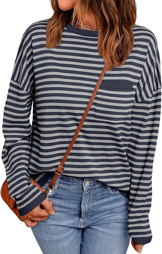 Womens Lightweight Sweaters Striped Soft Knit Pullover Sweater Loose Fit Shirts Winter Trendy Outfits with Chest Pocket