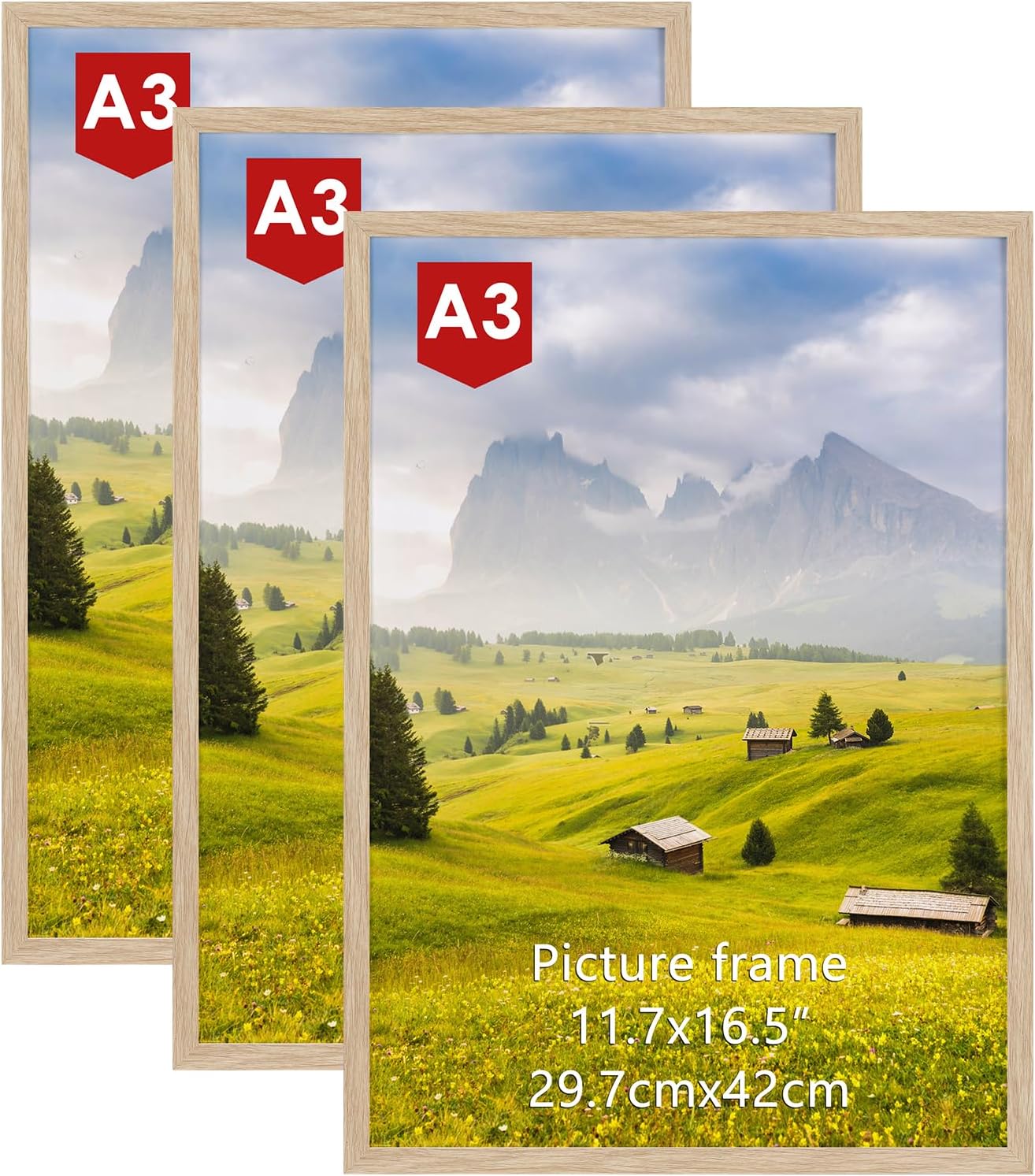 Hoikwo A3 Picture Frame Pack of 3, Oak Poster Frame for Wall Hanging, A3 Photo Frame for Home and Gallery Displays, Horizontal or Vertical (29.7x42cm)