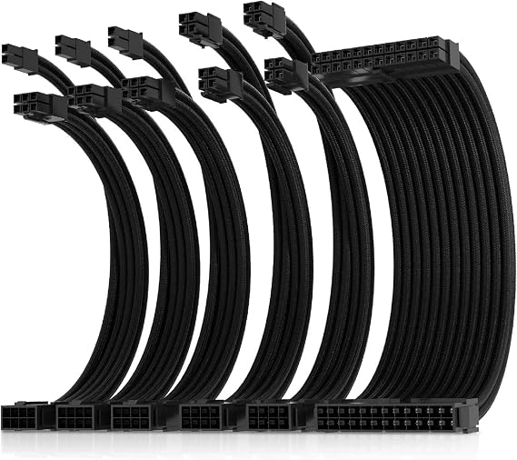 AsiaHorse Update 16AWG PSU Cable Extension PC Sleeved Cable Kit for GPU/CPU Power Supply Computer Cable Extensions with Cable Combs 24 PIN/(6+2) PIN/(4+4) PIN Cable Management 30 cm Black