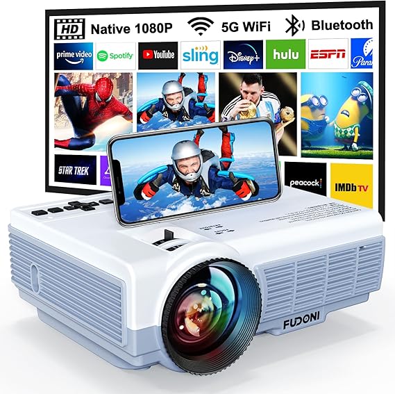 FUDONI Projector with 5G WiFi & Bluetooth, Native 1080P 18000L Portable | Compact Outdoor Movie Projector, Home Theater, Built-in Speaker, HDMI USB AV, Works with Firestick, Laptop, iOS, Android, PS5