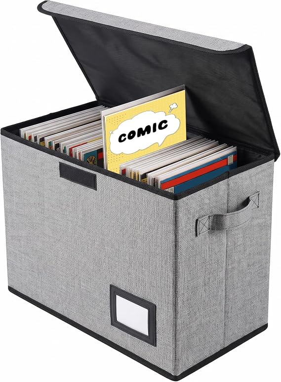 Comic Book Storage Box 15.74x7.87x11.8 inch Foldable Comic Book Bin Washable Integrated Books Organizer Box with Lid Books Display with Handle for Wardrobe Closet Shelf Office | Large Capacity Foldable Bin Container Organizer with Lid Handles for Shelf Closet Office Linen Fabric Grey