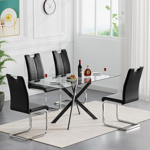 51 Inch Glass Dining Table Set for 4, Rectangular Tempered Glass Kitchen Table with Metal Base, Modern Black Dining Room Table with 4 Leather Dining Chairs for Kitchen Living Room