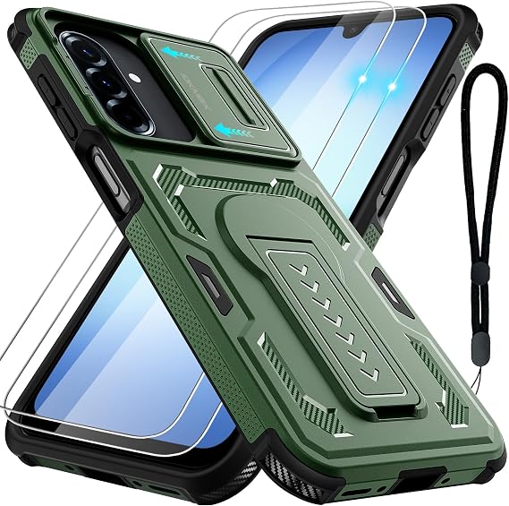 for Samsung Galaxy A17/ A16/ A26-5G Phone Case with 2 Pcs Screen Protector, Slide Camera Cover, Kickstand, Lanyard Strap, Military Grade Shockproof Protective Case, Matte Green