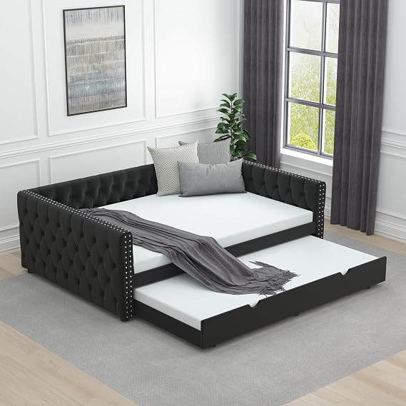 Upholstered Full Size Daybed with Two Storage Drawers, Linen Fabric Button Tufted Bedroom Furniture Full Daybed Frame Sofa Bed with Nailhead Trim and Wood Slat Support