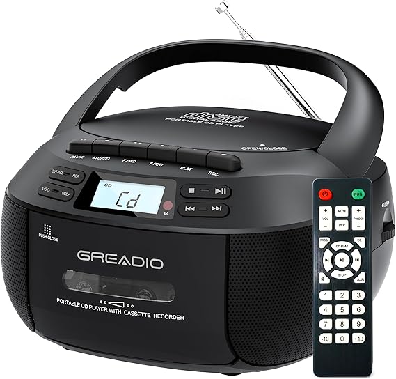 Greadio Boombox CD and Cassette Player Combo, Portable CD Players for Home | Bluetooth Connection,AM FM Radio/Remote Control/AUX/USB/Earphone Jack,AC/Battery Operated, LCD Display for Kids,Gift (Black)
