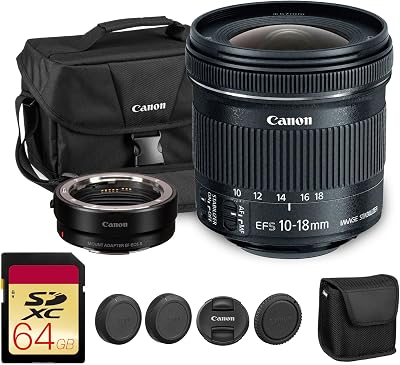 Canon EF-S 10-18mm f4.5-5.6 is STM Lens | Ultra-Wide Angle Zoom with Image Stabilization & Quiet Autofocus | Great for Travel & Landscape Photography 9519B002  Adapter EF-EOS R  Bag  64GB Card