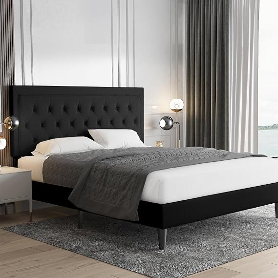 Allewie Queen Size Upholstered Platform Bed Frame with Adjustable Headboard, Button Tufted, Wood Slat Support, Easy Assembly, Black
