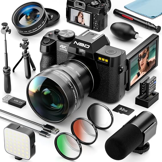 NBD 4K Digital Photography Camera - 48MP/120FPS Video, Wi-Fi & App Control, 16X Zoom, Macro & Wide-Angle Lenses, Autofocus, Webcam Function, Includes 16 Accessories, 32GB SD Card & 2 Batteries(Black)