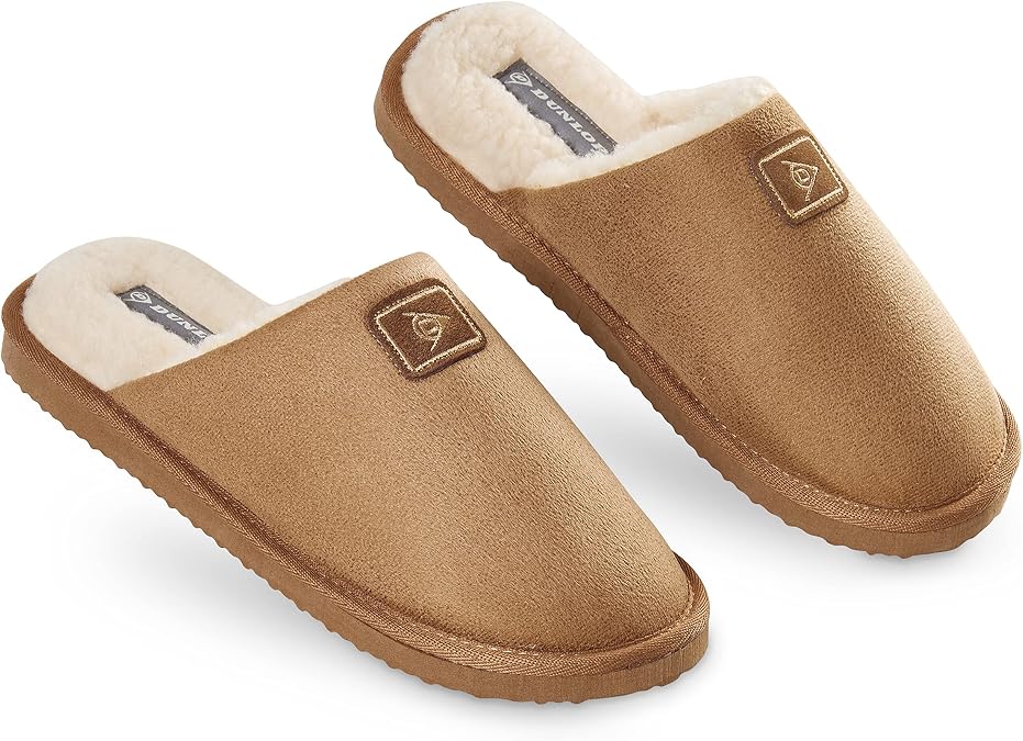 DUNLOP Mens Slippers Open Back, Comfy Memory Foam Men Slippers with Rubber Sole, Indoor Outdoor Anti Slip House Shoes Comfort Plush, Gifts for Men