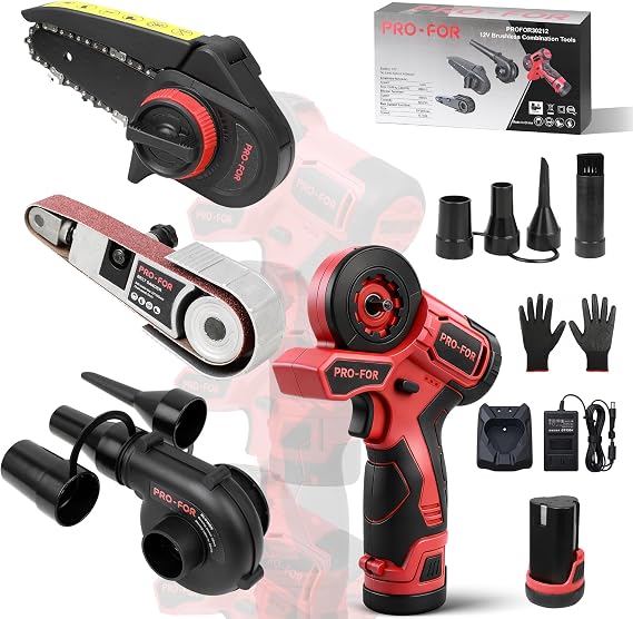 12V Brushless Combination Power Tool Kit, 3-in-1 Cordless Multi-Head System with Mini Chainsaw, Belt Sander, Blower, Interchangeable Heads for DIY & Home Workshop