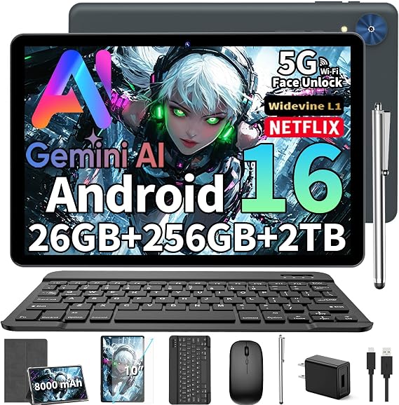 2026 Android 16 Tablet with Keyboard, Gemini AI 10 Inch Tablet, Silver Case