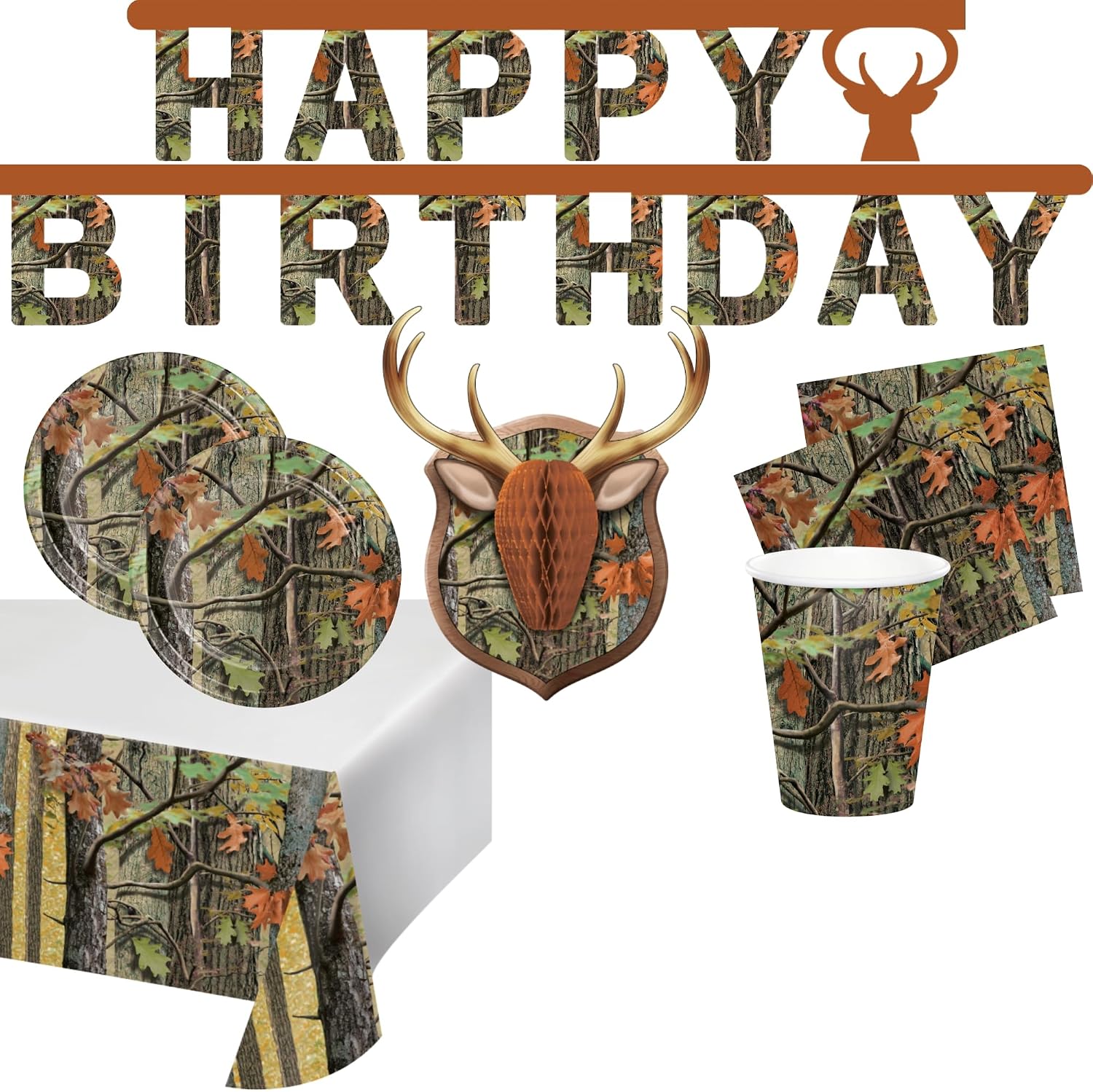 Hunting Camo Birthday Party Supplies - Plates Cups Napkins Banner Tablecloth Wall Decorations for 16 - Camouflage Hunting Party Decorations - Perfect for Outdoors, Fishing or Hunting Birthday Party