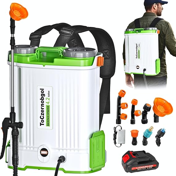 Backpack Sprayer with 2.6Ah Rechargeable Battery, Electric Weed Sprayer | Battery Powered Sprayer, 4.2-Gallon Power Sprayer with 090 PSI Adjustable Pressure, 7 Spray Nozzles for Lawn, Garden & Yard