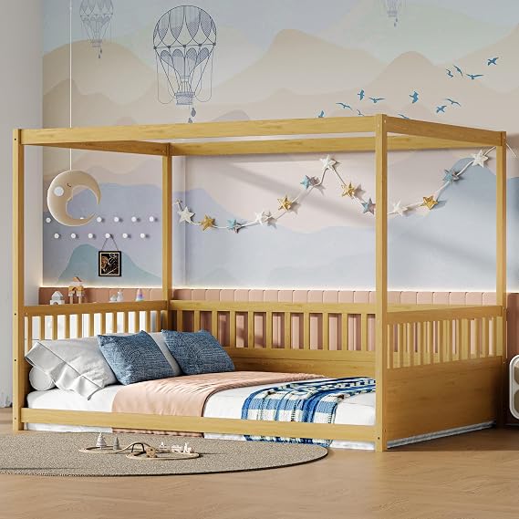 P PURLOVE Full Size Canopy Bed Frame with Four Poster,Montessori Wood Floor Bed Full with Fence for Girls,Boys,Natural