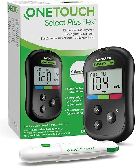 OneTouch Select Plus Flex Blood Glucose Monitor (mg/dL) 1 Meter 10 Test Strips 1 Lancing Aid 10 Lancets & 1 Case
