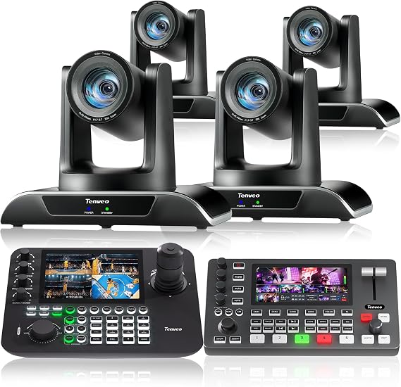 Tenveo PTZ Camera Bundle/Kits - 20X AI Auto-Tracking PTZ Camera(4pcs) with HDMI/USB3.0/LAN(PoE), NDI PTZ Joystick Controller and 4K HDMI + SDI Video Switcher Mixer for Church Worship Large Events