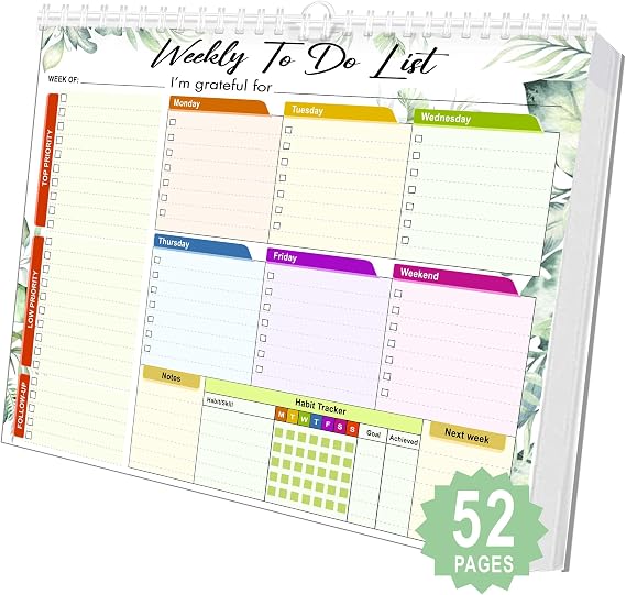 Weekly Calendar Pad Tear Off 52 Undated Sheets - Weekly Planner Notepad 8.5 x 11 -Desk Calendar with Spiral Binding for Women & Men - Office, Homeschool Workout Planner