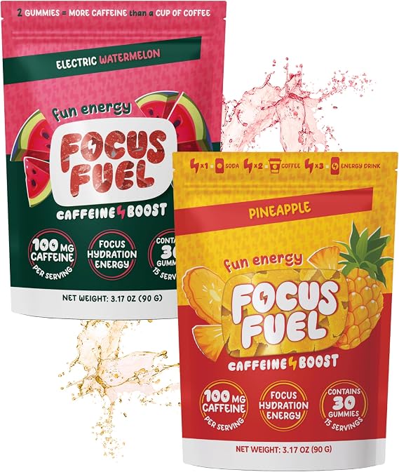 FocusFuel Energy Chews Variety Pack Pineapple & Watermelon (2-Pack, 30 Servings Total) 100mg Natural Caffeine + Nootropics Bold & Refreshing Energy