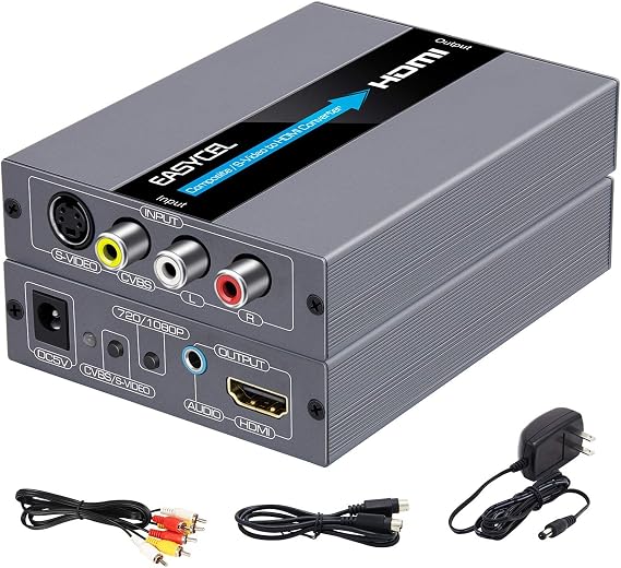 RCA Svideo to HDMI Converter, RCA Composite CVBS AV or Svideo + R/L Audio Input to HDMI Output Upscale Converter, Supports 720P/ 1080P Output Switch for N64, PS2, Wii, DVD