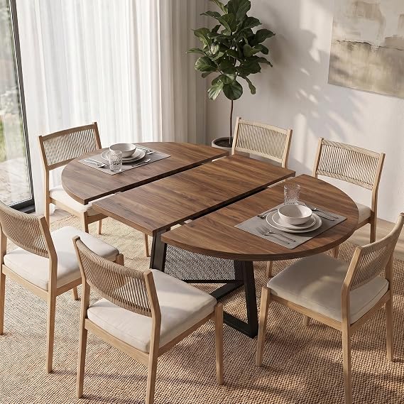 Round Dining Table, 108–148 cm Wooden Extendable Kitchen Table (Style 4)