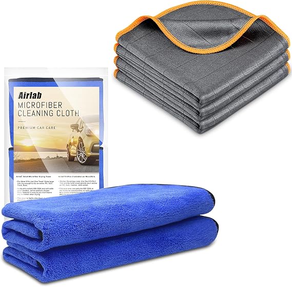 Airlab XL Microfiber Car Drying Towel Super Absorbent, Pack of 2 and Carbon Microfiber Glass Polishing Cloth Streak-Free, Pack of 3