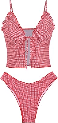 seamoly Womens Tankini Sets Tie Front Ruffle Bikini Set High Cut Thong Two Piece Swimsuit Floral Gingham Bathing Suit