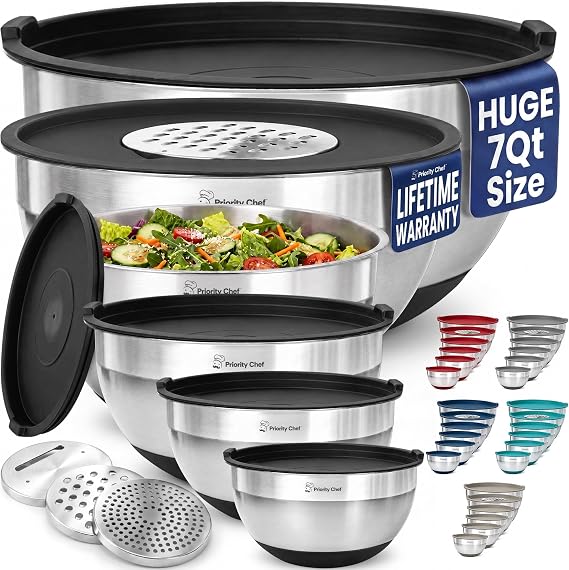 6pc Stainless Steel Mixing Bowls with Lids Set, 7 Qt, Black | Non-Slip Nesting Bowls, 3 Graters and Interior Measurement Marks; For Meal Prep, Baking and Airtight Fridge Storage