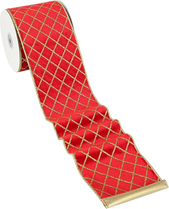 MAYREEL Red and Gold Christmas Tree Ribbon 4 Inch, Metallic Diamond Glitter Red Velvet Wired Edge Lattice Ribbon for Gift Wrapping, Floral Craft, Bows, Wreaths, Garland, Holiday Decor,10 yd | Metallic Diamond, Christmas Gift Wrapping, Floral Crafts, Bows, Wreaths, Garlands, Holiday Decoration