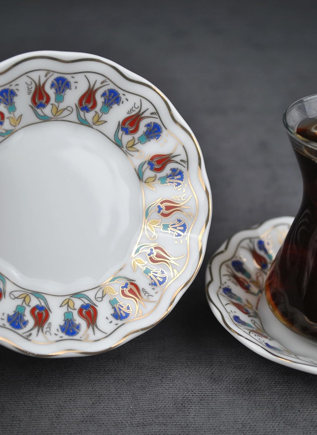 6 Adet Porselen Çay Tabağı Ebruli Lale Çini Motifli Çay Tabak 10 cm