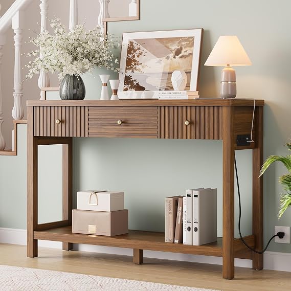 Decofy 47'' Fluted Console Table with Charging Station & 3 Drawers, Walnut