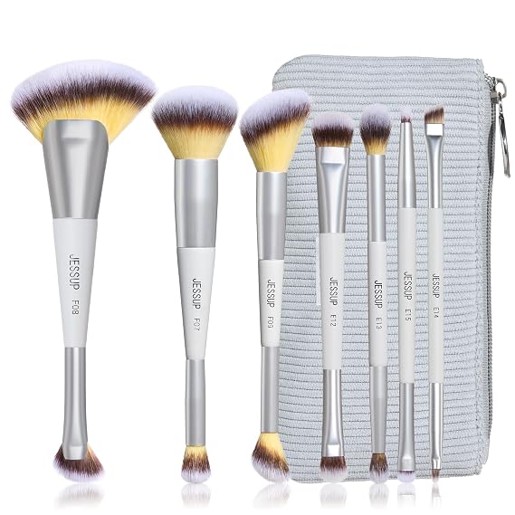 Jessup 7 Dual-Ended Makeup Brush Set with Case for Face & Eye Makeup, T520