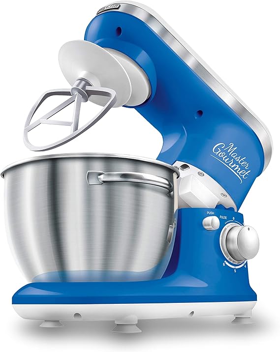 Sencor STM3622BL 6 Speed Stand Mixer with Pouring Shield and 4 Specialized Metal Attachments and Stainless Steel Bowl, 4.2 Qt, Blue