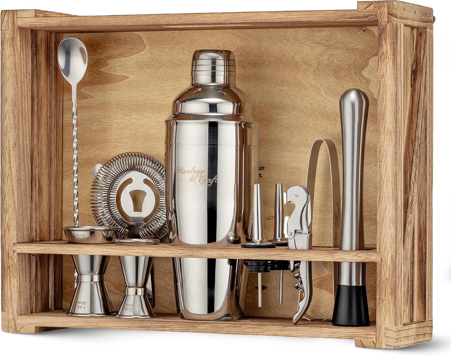 Mixology Bartender Kit: 11-Piece Bar Tool Set with Rustic Wood Stand - Perfect Home Bartending Kit and Cocktail Shaker Set For an Awesome Drink Mixing Experience - Exclusive Cocktail Recipes Bonus