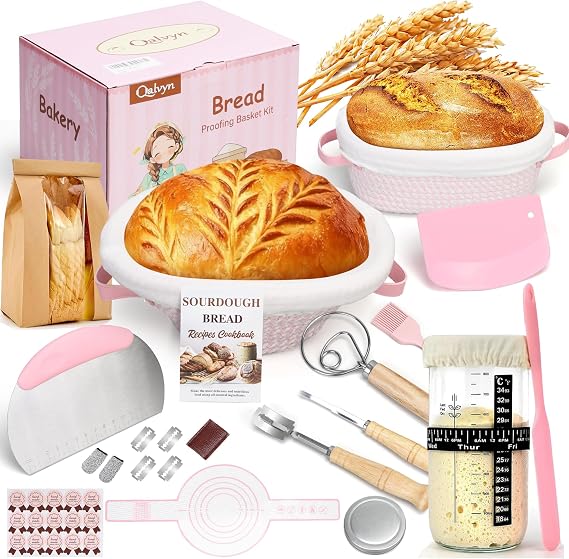 Sourdough Starter Kit with 2 Proofing Baskets (Oval & Round) & Sourdough Starter Jar, Complete Sourdough Bread Baking Supplies for Artisan