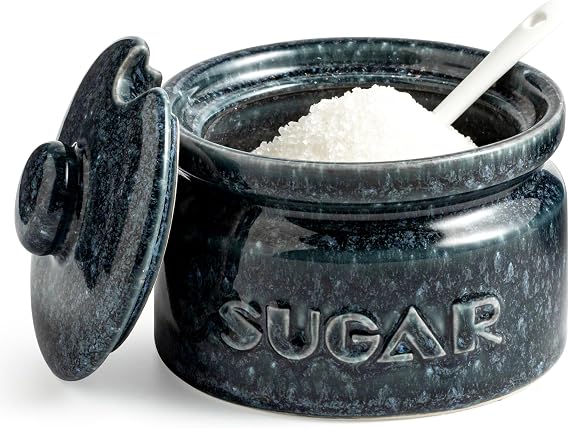 Gomakren 10oz Ceramic Sugar Bowl with Lid and Spoon for Coffee Bar, Blue