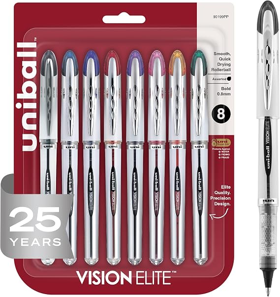 uni-ball VisionTM EliteTM Liquid Ink Rollerball Pens, Bold Point, 0.8 mm, Black Barrel, Assorted Ink Colors, Pack Of 8