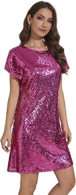 Womens Crewneck Sequin Shift Dress Short Sleeve Casual Holiday Sparkly Party Dress
