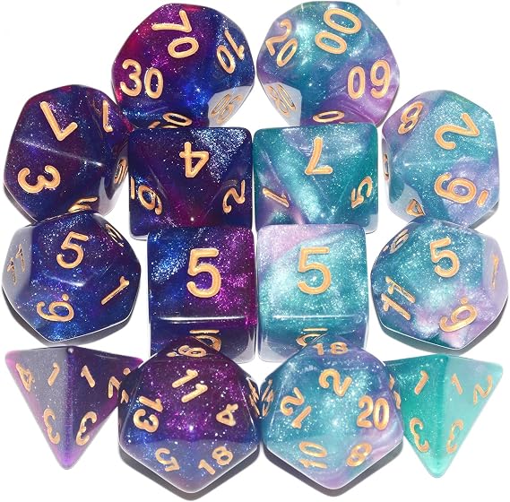 DND Dice 2 X 7Sets, 14Pieces Glitter Sparkle Cosmic Mixed Polyhedral DND Dice for RPG MTG Table Game Dice