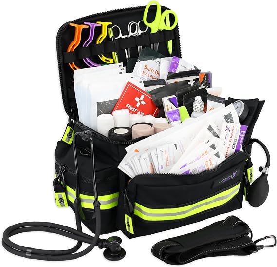 Lightning X Products Lightning X Mid-Sized First Responder EMT Bag | LXMB25 Fully Stocked w/ 240+ Aid, EMS & Trauma Supplies - Black