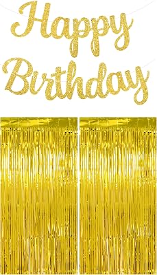 Pre-Strung Gold Happy Birthday Banner and 2 Pack 3.2 x 8.2 FT Thicken Gold Foil Fringe Curtain