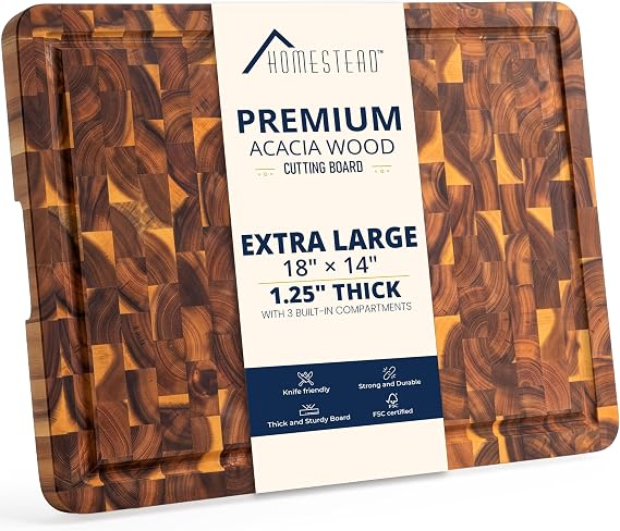 HOMESTEAD End Grain Acacia Wood Cutting Board for Kitchen 18x14x1.25 in, Large Butcher Block Chopping Board for Meat Vegetables with Juice Groove, Sorting Compartments, Handles, Knife-Friendly Surface