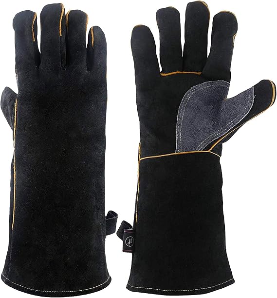 Extreme Heat & Fire Resistant Gloves Leather with Kevlar Stitching,Perfect for Fireplace, Stove, Oven, Grill, Welding, BBQ, Mig, Pot Holder, Animal Handling, Black-Grey 14in/35cm 1 Pair