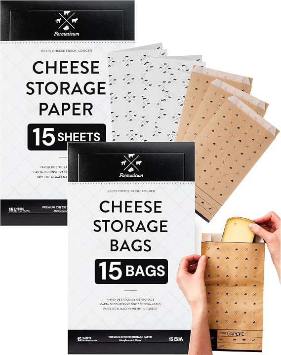 Formaticum Cheese Storage 15 Bags, Wax Paper | Wax Paper Included, Adhesive Labels Included, Porous Brown Wrapping Sheets