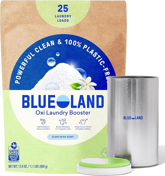 BLUELAND Oxi Laundry Booster Powder Set, Clear Skies, 17.6 oz | 100% Plastic-free Formula, Lifts Stains & Brightens, No Chlorine Bleach, Dyes, PFAS, or Microplastics, Whitens Whites
