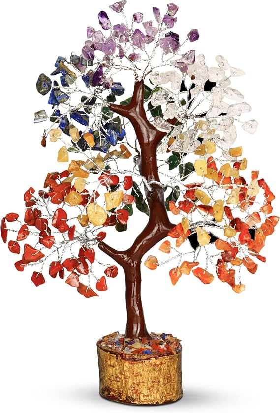 PYOR 7 Chakra Crystal Bonsai Tree, 10-12 inch, Red, Amethyst, Lapis, Carnelian, Clear Quartz, Yellow Aventurine, Green Aventurine, Silver Wire | Gemstone Tree of Life | Home Office Decor | Feng Shui Decor | Crystal Gifts