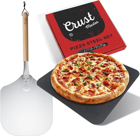 Crust Master Pizza Steel Set - XL (14x14 - 1/4" Thick) Square Conductive Metal Pizza Baking Pan for Cooking Pizzas in Oven and BBQ - Perfect as Pizza Oven Accessories Kit and Pizza Tray