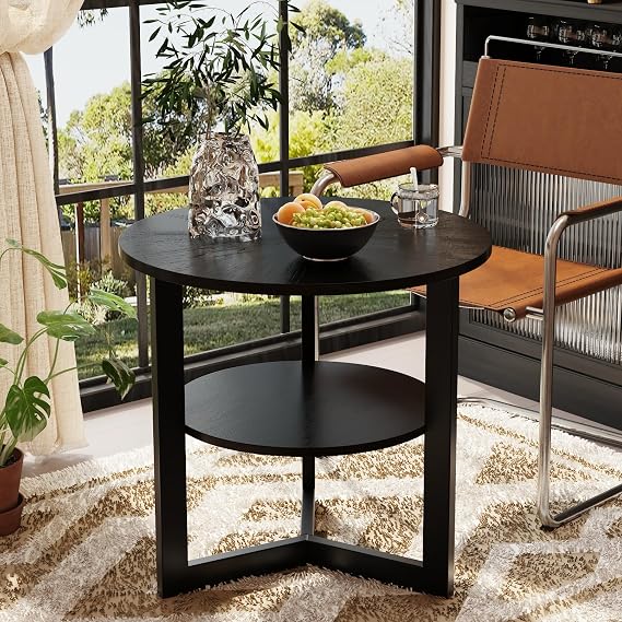 Large Round End Table with Storage Shelf, Rustic Circular Sofa Side Black Metal Legs, Solid Wood Nightstand, Telephone for Living Room, Bedroom, 25.2''D x 24''H Brushed CJZ1338BK