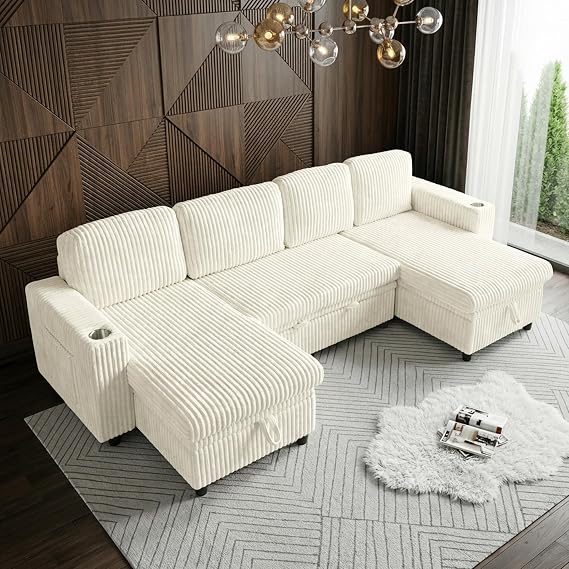 Sectional Couches for Living Room, Sectional Sleeper Sofa with Pull Out Bed, Modular Corner Sofa with Storage, Convertible Sofa Bed for Living Room, Bedroom and Apartment, Beige