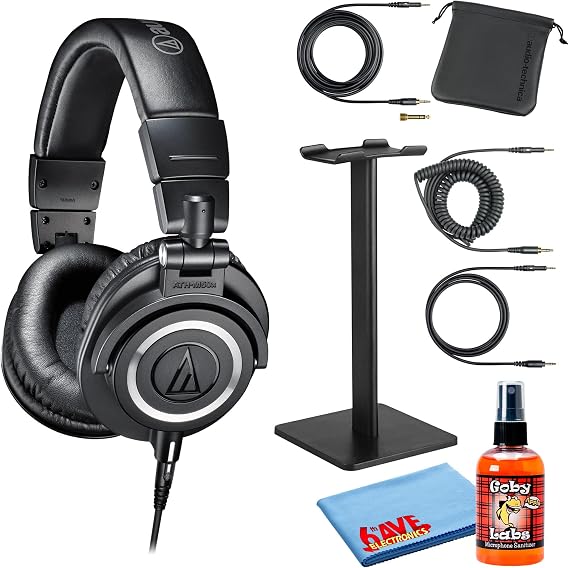 Audio-Technica ATH-M50x Professional Studio Monitor Heaphones Professional Grade, Critically Acclaimed with Headphone Stand & Goby Labs Headphone Cleaner w/Cloth